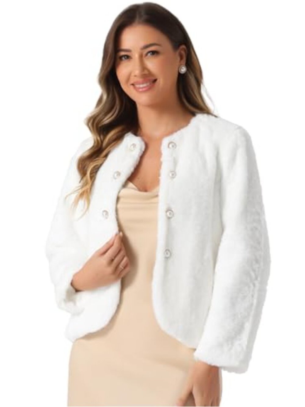 Women's Faux Fur Long Sleeve Pearl Button Cardigan Coat Winter Outerwear
